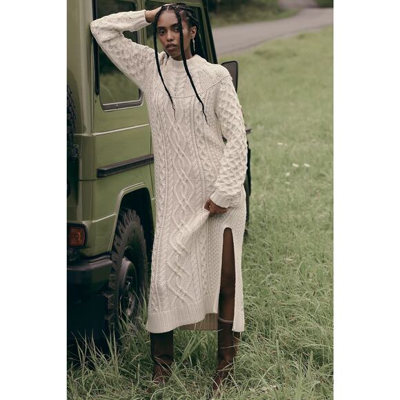 By Anthropologie Long-Sleeve Cable Knit Sweater Midi Dress - Picture 3 of 9